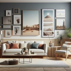 A living room with a template mockup poster empty white and with a couch and a coffee table realistic photo has illustrative meaning.