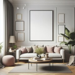 A living room with a template mockup poster empty white and with a couch and a coffee table standardscalex image photo harmony has illustrative meaning.