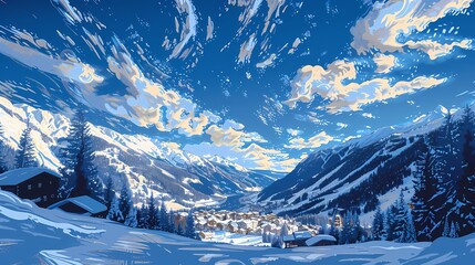 Snowy mountains and village illustration poster background