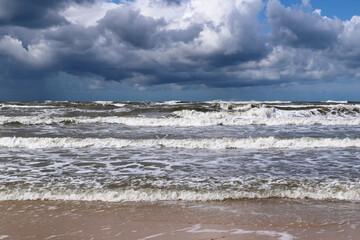 Rough seas and waves on the Baltic Sea coast in the Slovincian National Park