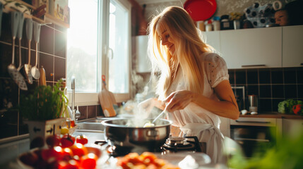 Happy woman standing near stove and cooking tasting fresh delicious from soup in a pot with steam at minimal interior modern kitchen