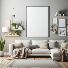 A living room with a template mockup poster empty white and with a couch and a picture frame image realistic card design.