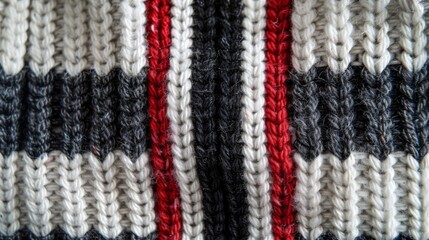Texture of a Striped Knitted Fabric with Red, Black, and White Yarn