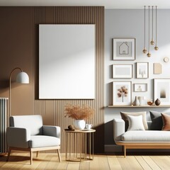 A living room with a template mockup poster empty white and with a couch and a picture frame standardscalex image photo attractive.