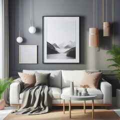 A living room with a template mockup poster empty white and with a couch and a picture on the wall image photo attractive card design.