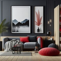 A living room with a template mockup poster empty white and with a couch and a plant image art attractive harmony.