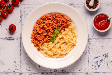 Vegan Bolognese Pasta with plant based minced meat.