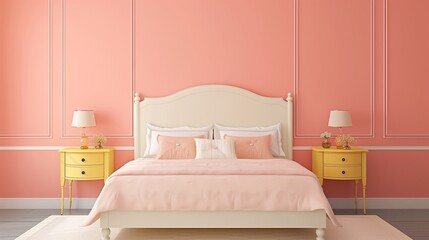Coral accent wall behind a pale yellow bed with pale yellow nightstands.