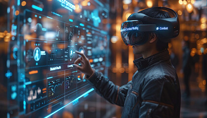 Man using virtual reality headset to interact with futuristic interface displaying graphs and data analytics.