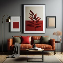 A living room with a template mockup poster empty white and with a couch and a table image art realistic lively.