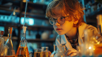 A curious young boy with glasses conducts experiments in a chemistry laboratory surrounded by flasks and vials.