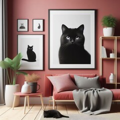 A cat lying on a couch in a Room with a template mockup poster and with a red couch and a red couch realistic attractive lively card design.