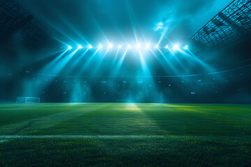 spotlight beams are on the ground of  soccer stadium illuminating field of play at night, dramatic sports lighting, athletic competition, no people, empty copy space for messages , logos, show product