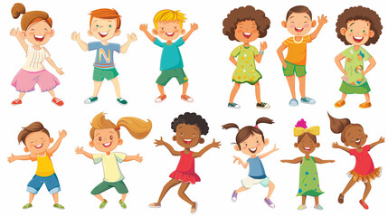Happy kids cartoon collection. Multicultural children in different positions isolated on white background. Simple illustration. Happy children, multiracial group. Design elements.
