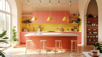 Coral kitchen cabinets with pale yellow island and pale yellow pendant lights.
