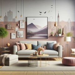 A living room with a template mockup poster empty white and with a couch and coffee tables image realistic harmony card design.