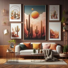 A living room with a template mockup poster empty white and with a couch and pictures of cactus image used for printing card design.