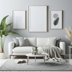 A living room with a template mockup poster empty white and with a couch and plants image art card design.