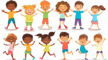 Fototapeta premium Happy kids cartoon collection. Multicultural children in different positions isolated on white background. Simple illustration. Happy children, multiracial group. Design elements.