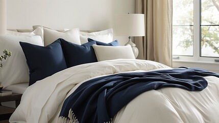 Cream bedding with navy blue throw blanket and navy blue accent pillows in a bedroom.