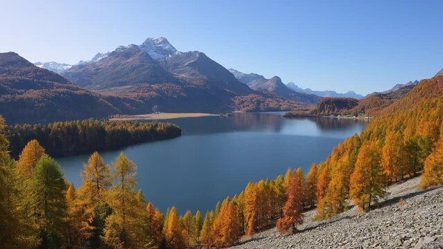 Lake Sils or Silseree and Piz da la Margna, Engadin, Switzerland