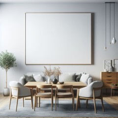 A living room with a template mockup poster empty white and with a large picture frame art realistic harmony card design.