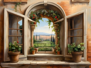 window with flowers entrance, window, wall, stone, italy, home, flower,Ai generated 