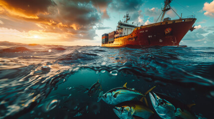 Naklejka premium A majestic cargo ship navigates turquoise ocean waters, teeming with school of fish below, under a blue sky with fluffy clouds..