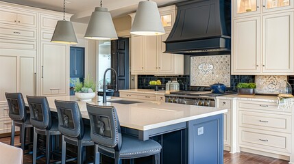 Cream kitchen island with navy blue cabinets and navy blue pendant lights.