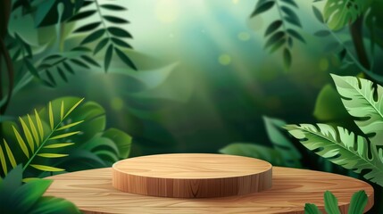 Obraz premium Wood Podium Tabletop Floor Amidst The Lush Tropical Forest, Inviting Connection With Nature, Cartoon Background
