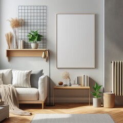 A living room with a template mockup poster empty white and with a white couch and a white table art attractive harmony has illustrative meaning.