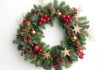 Festive holiday wreath adorned with red berries, pine cones, and golden ornaments against a clean backdrop
