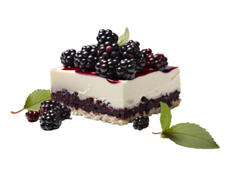 a piece of cake with blackberries and leaves
