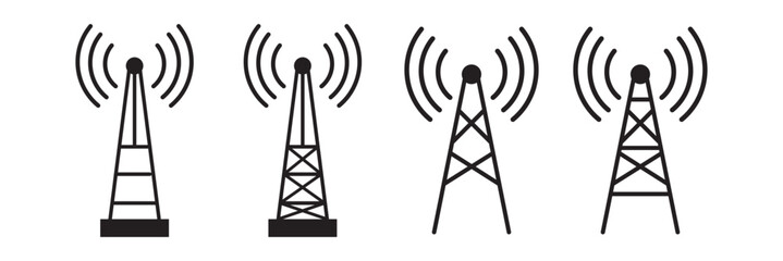 Radio tower icon set. Radio tower, mast with radio waves. Radio antenna vector.