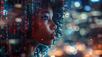  A black woman in profile with computer code and data visualizations overlaying her face, overlaying digital elements