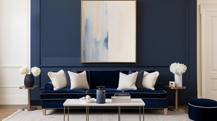 Cream walls with navy blue accent wall and navy blue sofa with cream throw pillows.