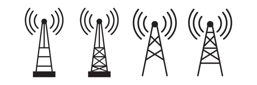 Radio tower icon set. Radio tower, mast with radio waves. Radio antenna vector.