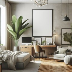 A Room with a template mockup poster empty white and with a bed and a desk and a plant art realistic has illustrative meaning used for printing.