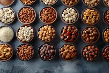 Fototapeta premium Various types of nuts in the bowls make a perfect addition to any dish or recipe