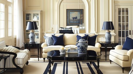 Cream walls with navy blue trim and navy blue accent furniture pieces.