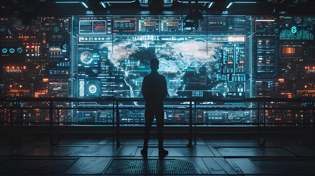 man standing in front of a screen in a control center