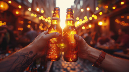 Obraz premium hands in the air raising beer bottles in a nightclub,generative ai