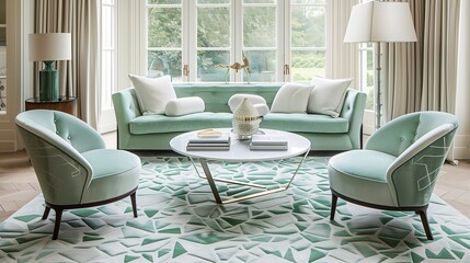 Ivory area rug with mint green geometric patterns paired with mint green upholstered chairs.