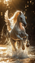 white stallion rearing back with wings straight on view beautiful lighting,generative ai