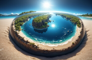 Fototapeta premium on the eve of your vacation, your journey is in your hands, a transparent globe with a paradise tropical beach, sea. Design for banner, postcard, tourism product