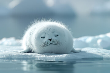 A peaceful seal pup dozes on a glistening ice floe under the soft glow of polar sunlight..
