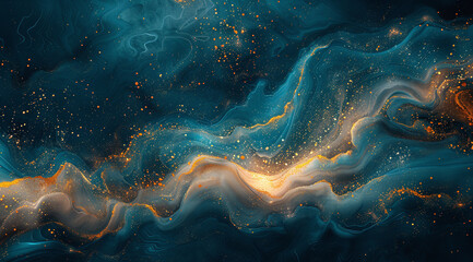 Abstract art of swirling blue and orange colors with golden specks, resembling a cosmic scene.