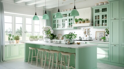 Ivory kitchen island with mint green cabinets and mint green pendant lights.