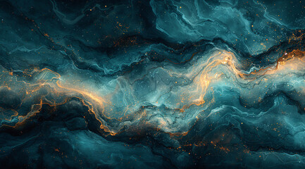 Abstract art of swirling blue and gold patterns resembling a cosmic nebula or a dynamic ocean wave.