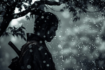 Solitary Samurai Under a Tree in Rain, Captured in a Monochrome Tone